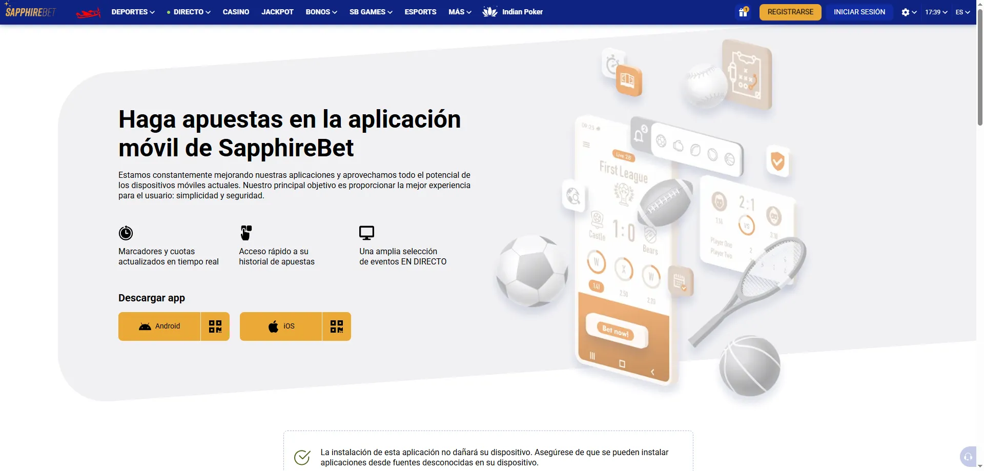 SapphireBet aplicación móvil para iOS y Android sin descarga